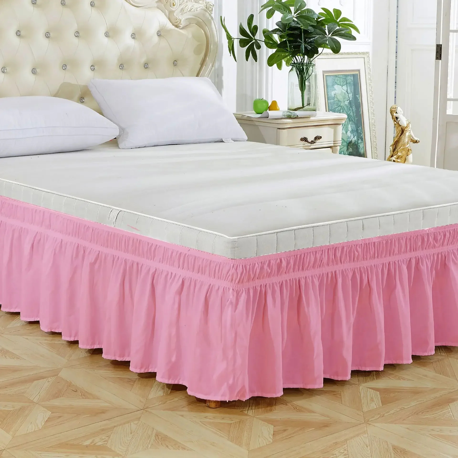 Elastic Wrap Around Bed Skirt Dust Ruffle Smooth Bed Frame Cover 15 inch Drop gallery