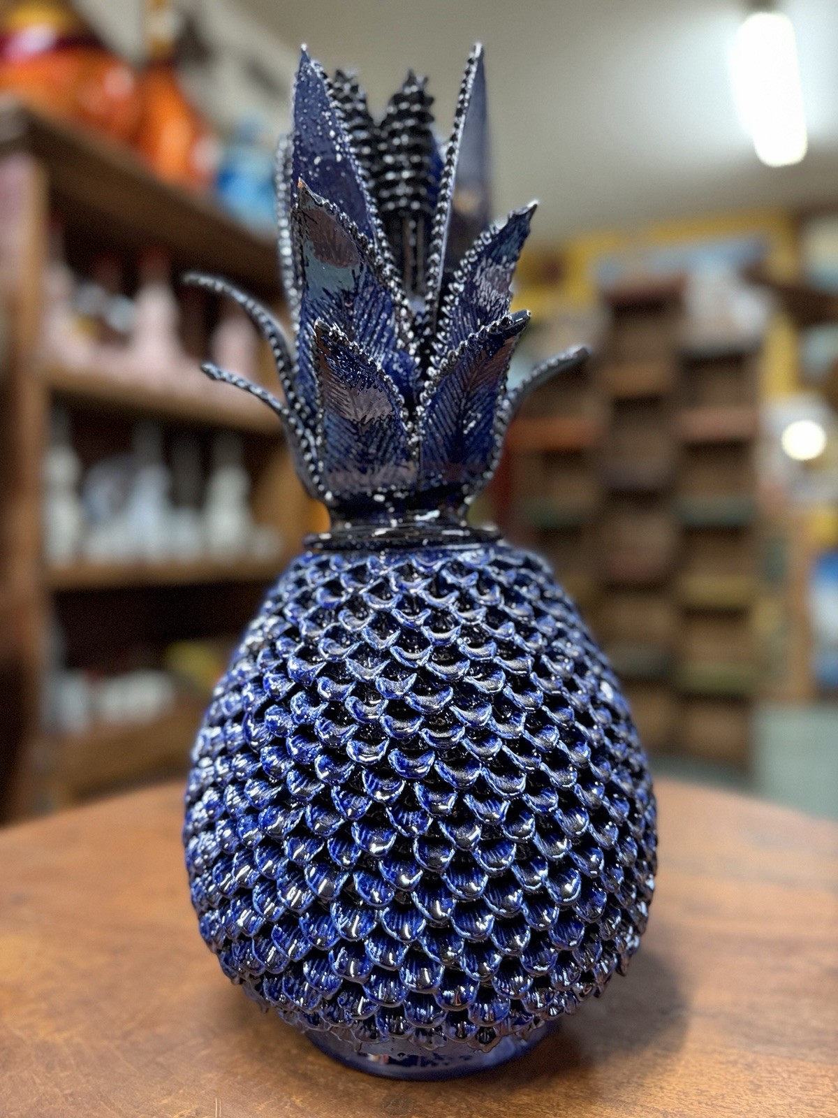 Blue Ceramic Pineapple Sculpture 18 in Tall x 11 in Wide Decorative Accent gallery