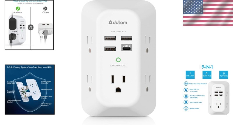 5 Outlet Extender Surge Protector Multi Plug Wall Adapter USB Charger Ports with gallery