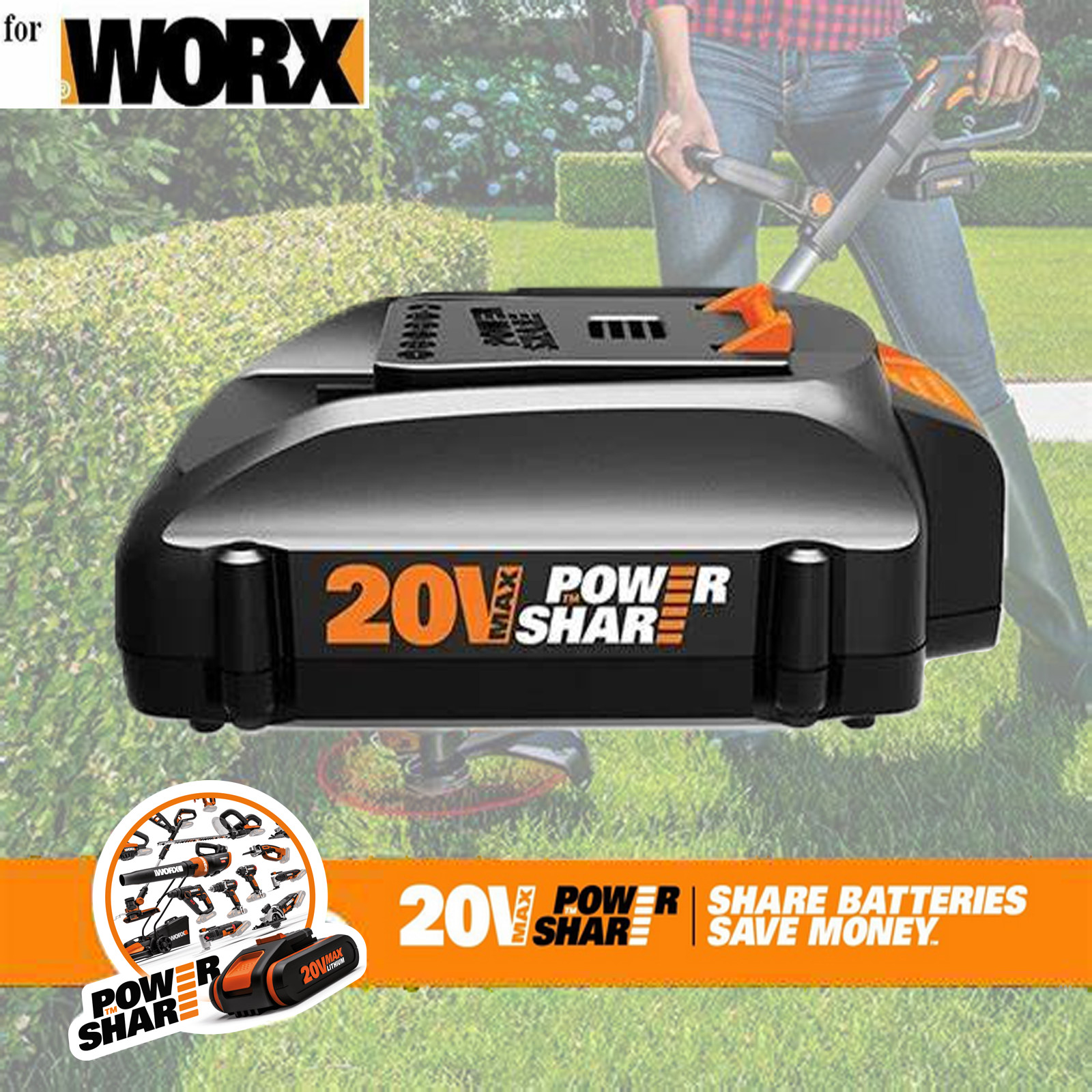 For WORX 20V MAX Extended Battery WA3520 WA3525 WA3575 WG155 TOOLS Lithium-ion gallery