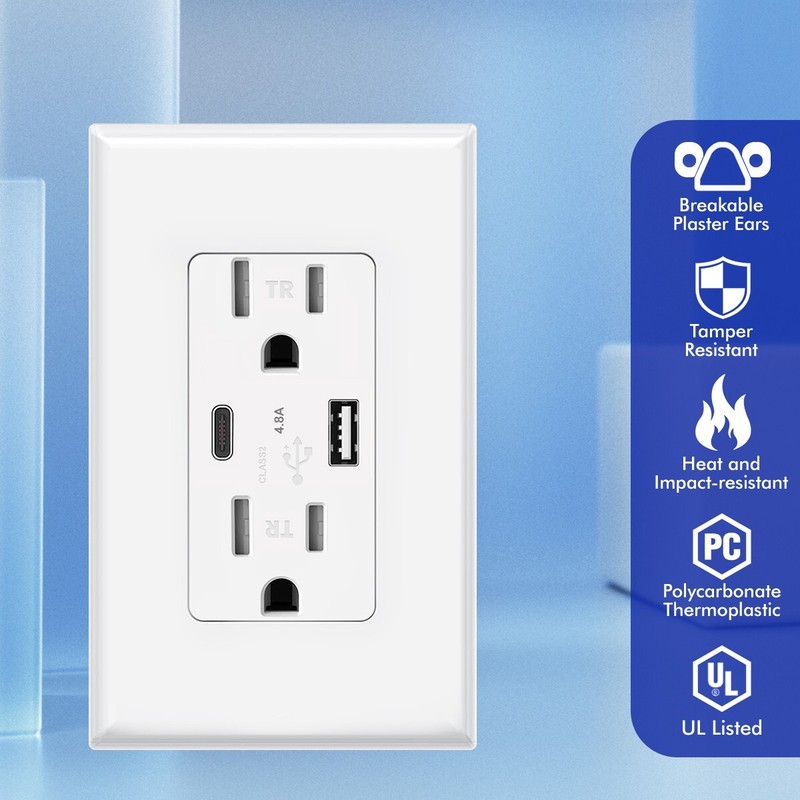 USB Type C Wall Outlet Duplex Receptacle 15A, Smart 4.8A Quick Charging, 10pack gallery