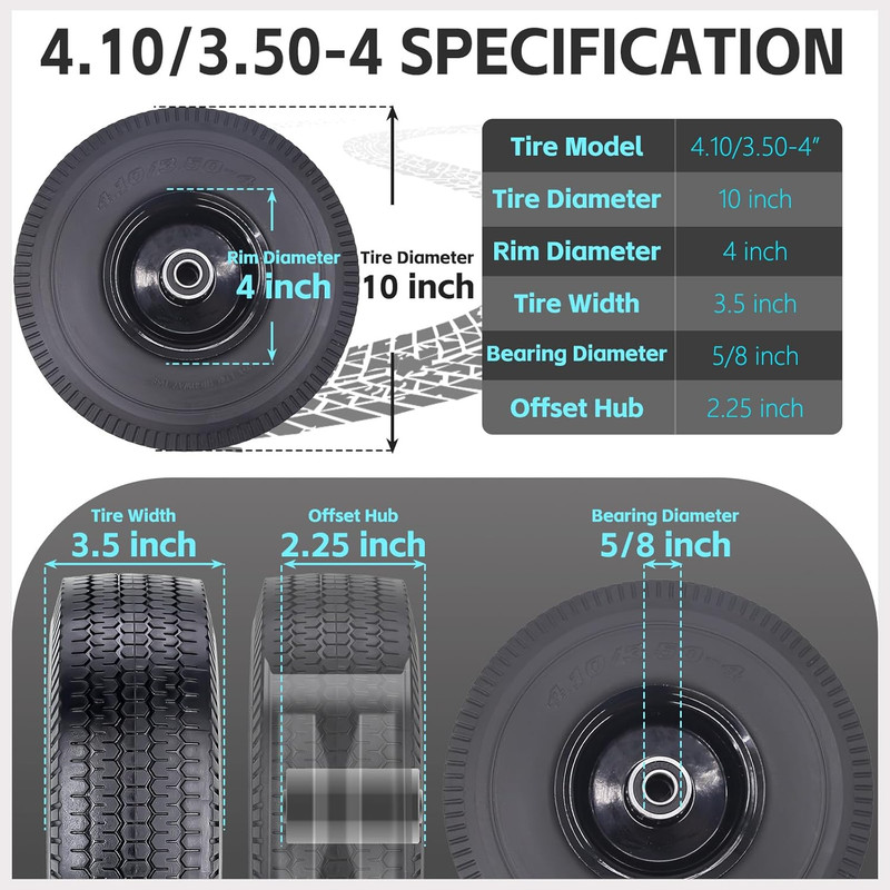 2Pack 10 X 4.10/3.50-4" Solid PU Run-Flat Tire Wheel with 5/8"Axle Bore Hole 2.2 gallery