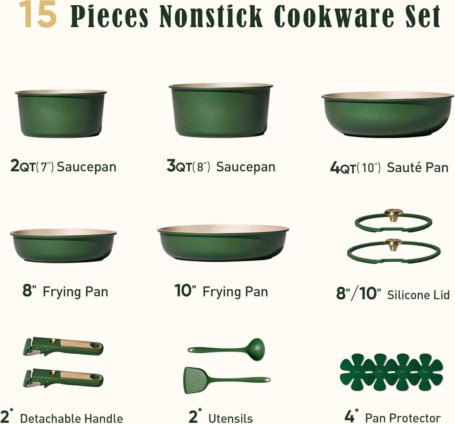 Green&Gold Nonstick Cookware Set,15Pcs Pots and Pans Set Non Stick Detachable/Re gallery