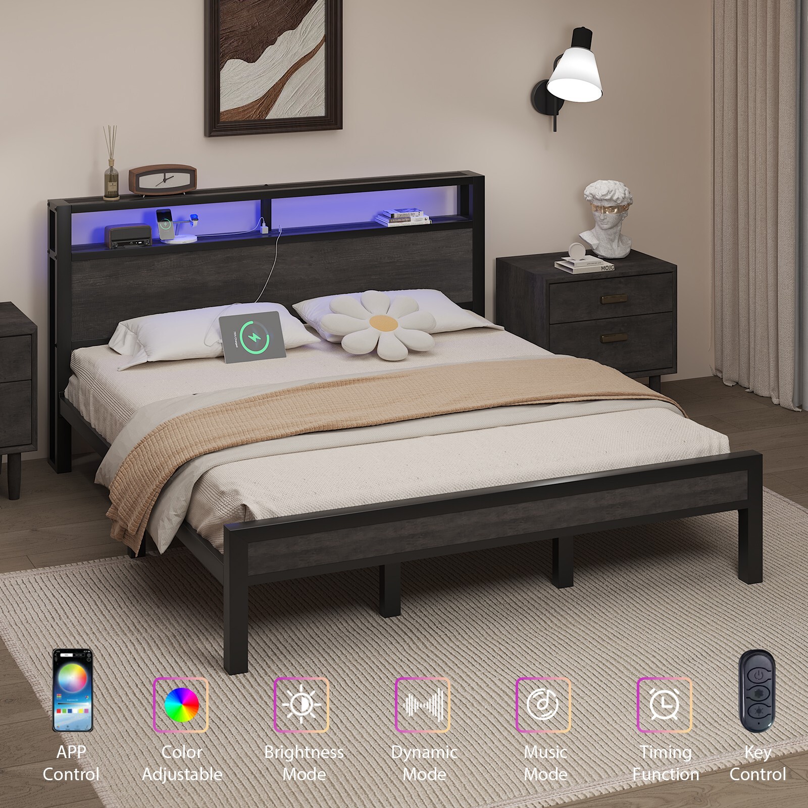 LED Light Bed Frame with 2-Tier Storage Headboard and Charging Station/Grey gallery
