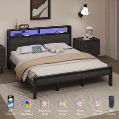 LED Light Bed Frame with 2-Tier Storage Headboard and Charging Station/Grey