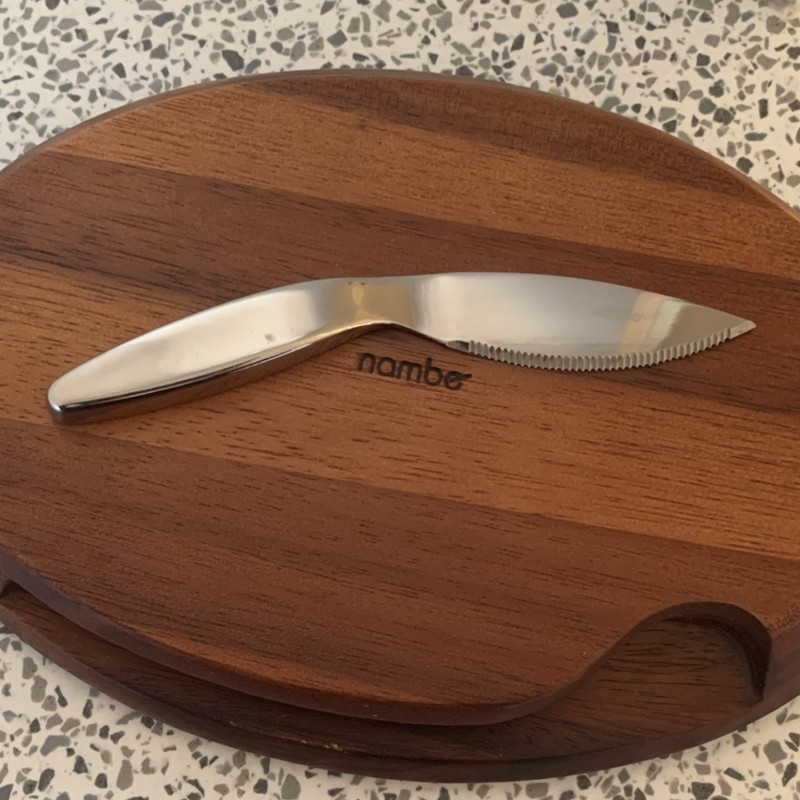 Nambé Medium Brown Oval Cheese Board with Stainless Steel Knife, Wood & Metal gallery