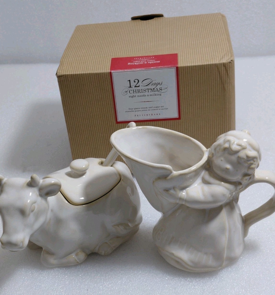 Potterybarn Four- Piece Cream &Sugar Set 12 Days Of Christmas 8 maids a-milking gallery