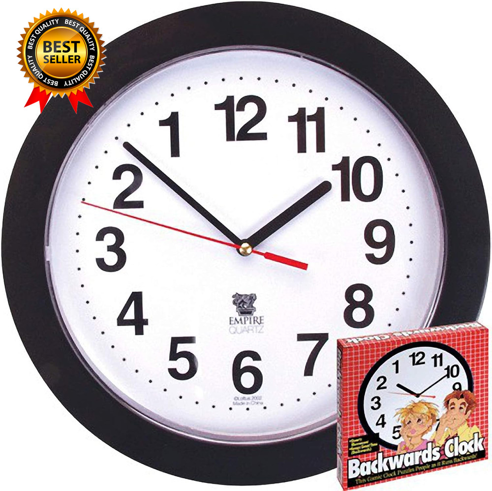 Black Backwards Wall Clock, Runs Counterclockwise and Reverse