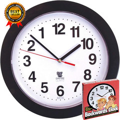 Black Backwards Wall Clock, Runs Counterclockwise and Reverse