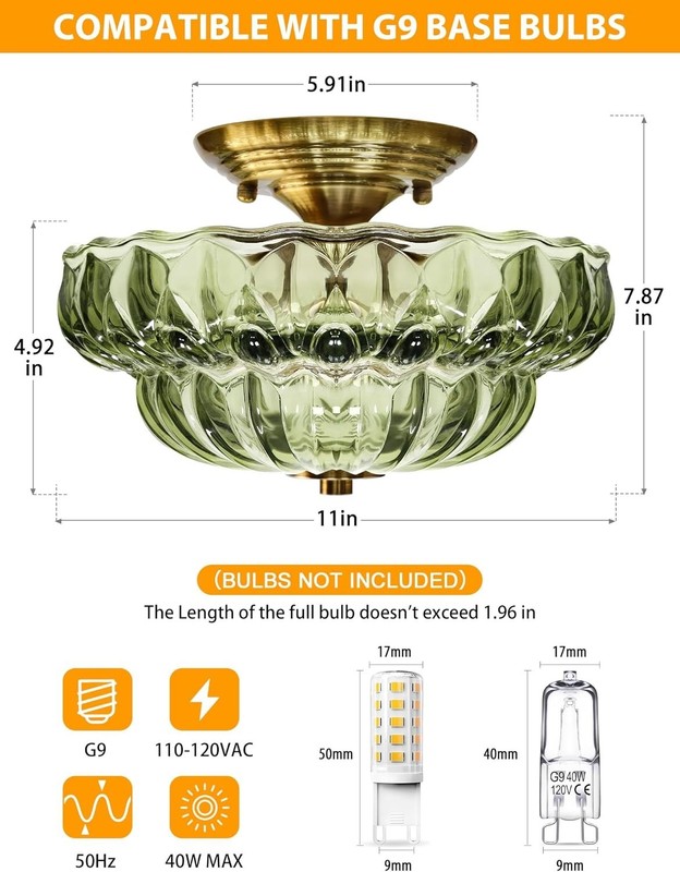 11" Semi Flush Mount Ceiling Light Vintage Gold 3-Light Green Glass Fixture gallery