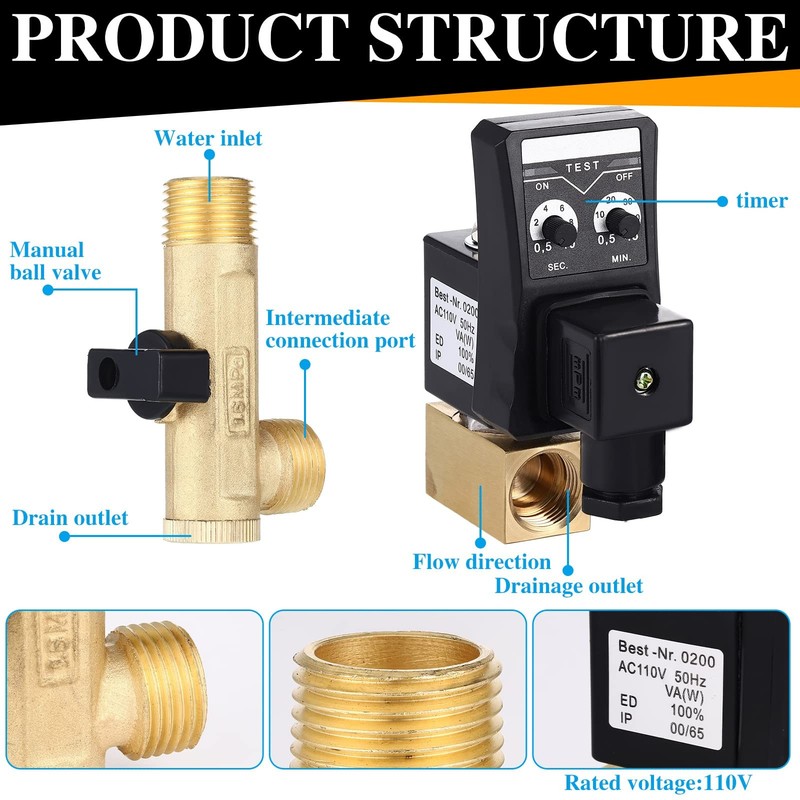 2 Sets Electronic Drain Valve Kit Automatic, 110V Timed Tank Drain Water Valve gallery