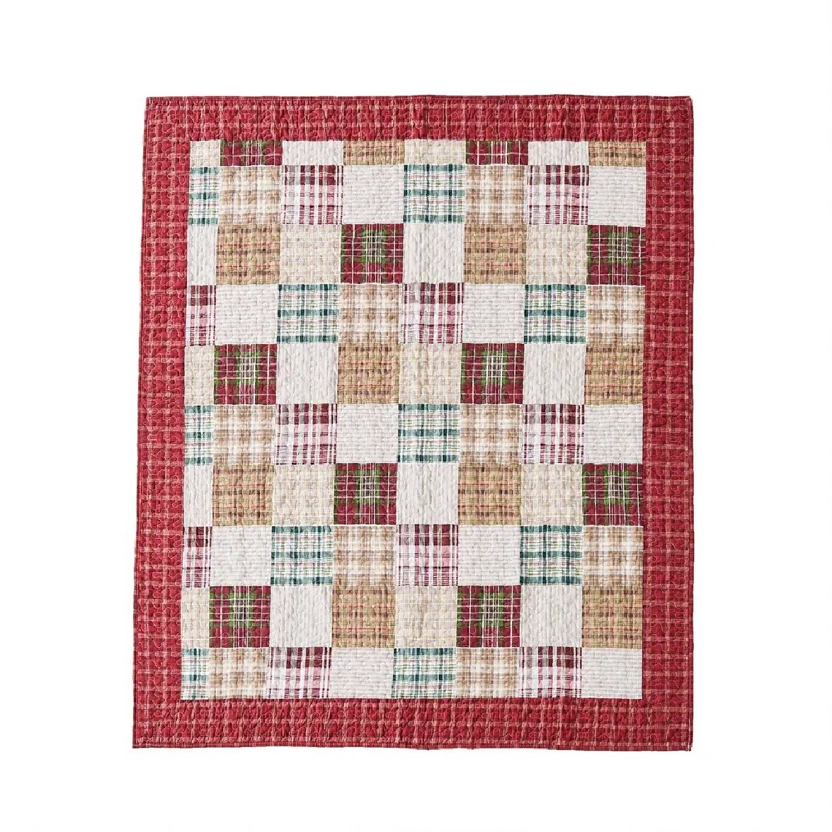 Throw Blanket Couch Chair Cover Red Tan Plaid Squares Quilted Cotton Reversible gallery