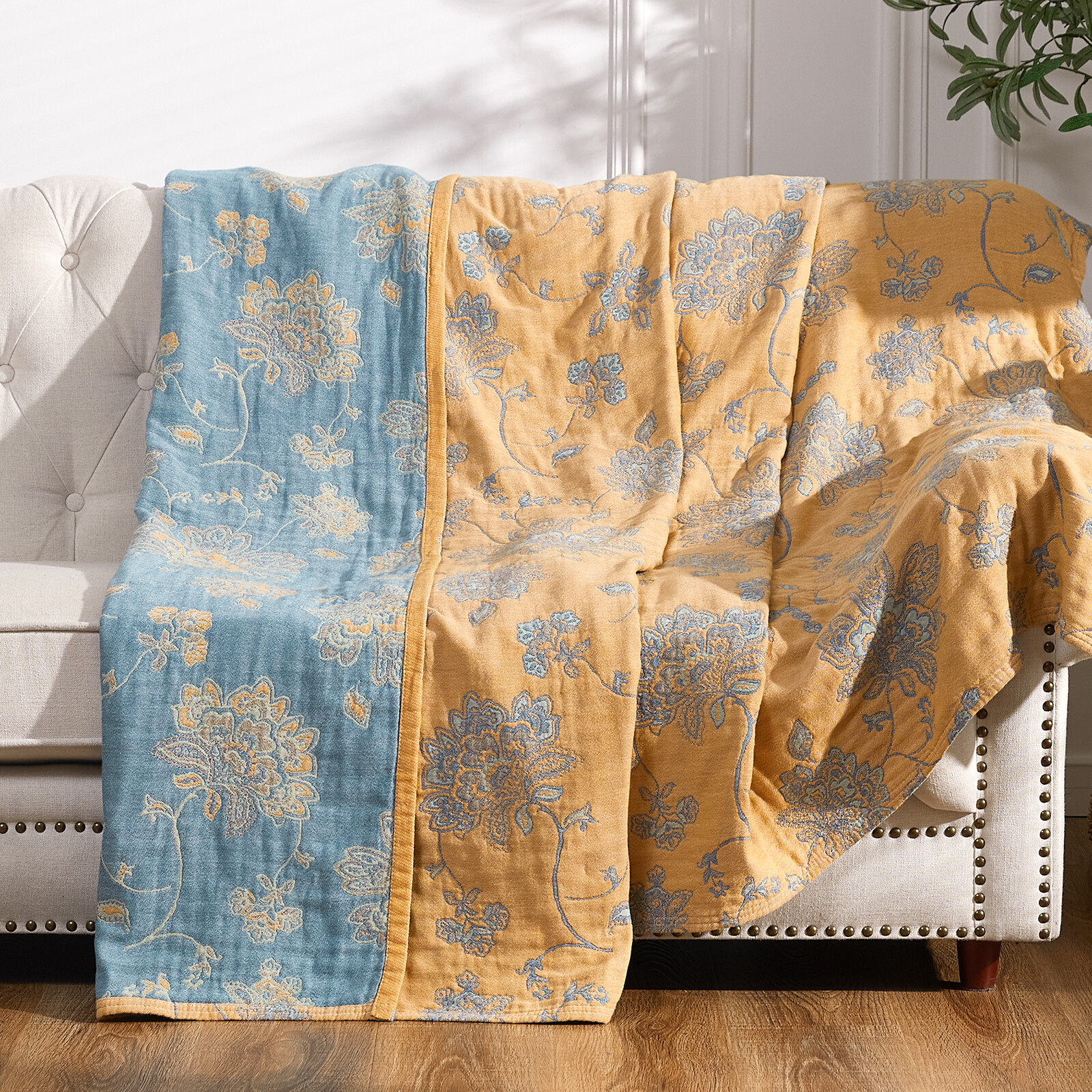 100% Cotton Throw Blanket For Couch 5 Layer Floral Embroidered Blanket 80"X90" gallery