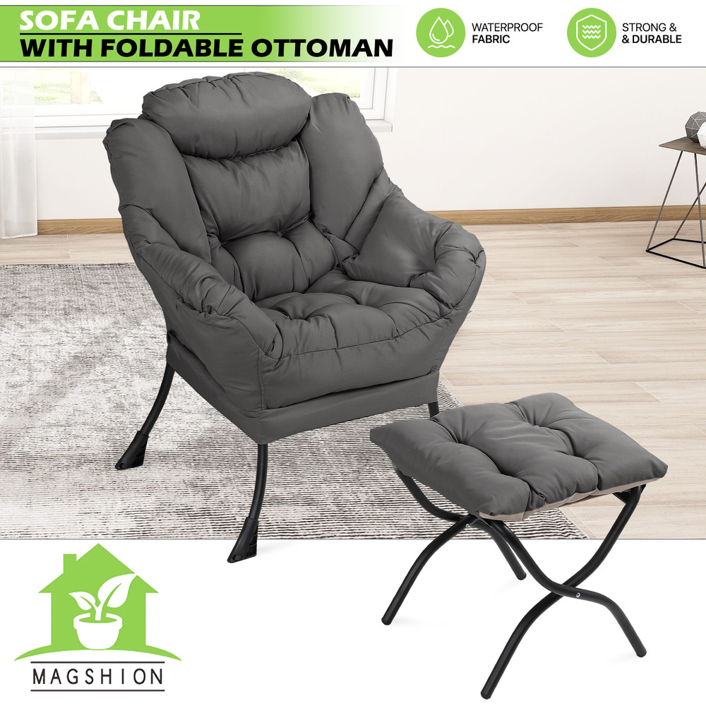 Gray Soft Accent Chair Upholstered Modern Living Room Lazy Sofa Chair w/Ottoman