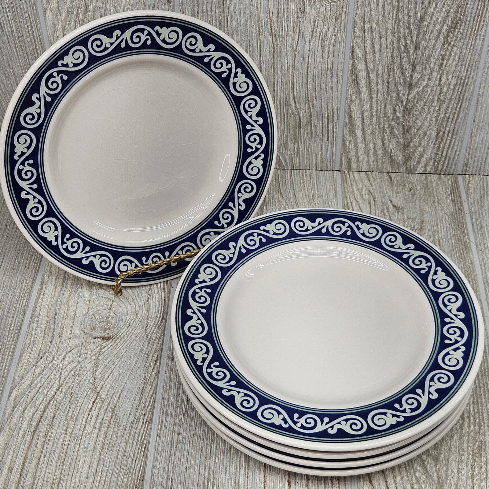 Pier 1 Vitra Scroll Salad Plates Set of 5 Navy Blue White Ironstone Brazil 8" gallery