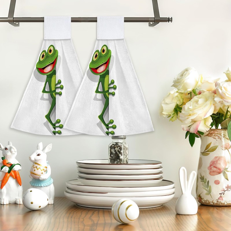 Happy Green Frog Hanging Kitchen Towels Hand Tie Towels Set of 2 PCS Dish Tow... gallery