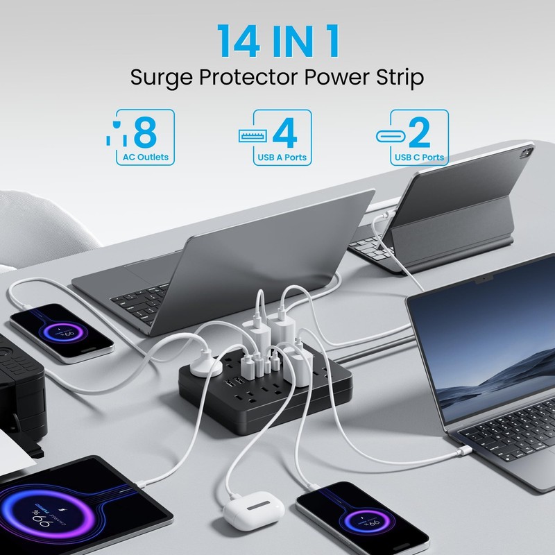 Surge Protector Power Strip, 8 Outlets(1850W/15A/14AWG), 6 USB Charging Ports... gallery