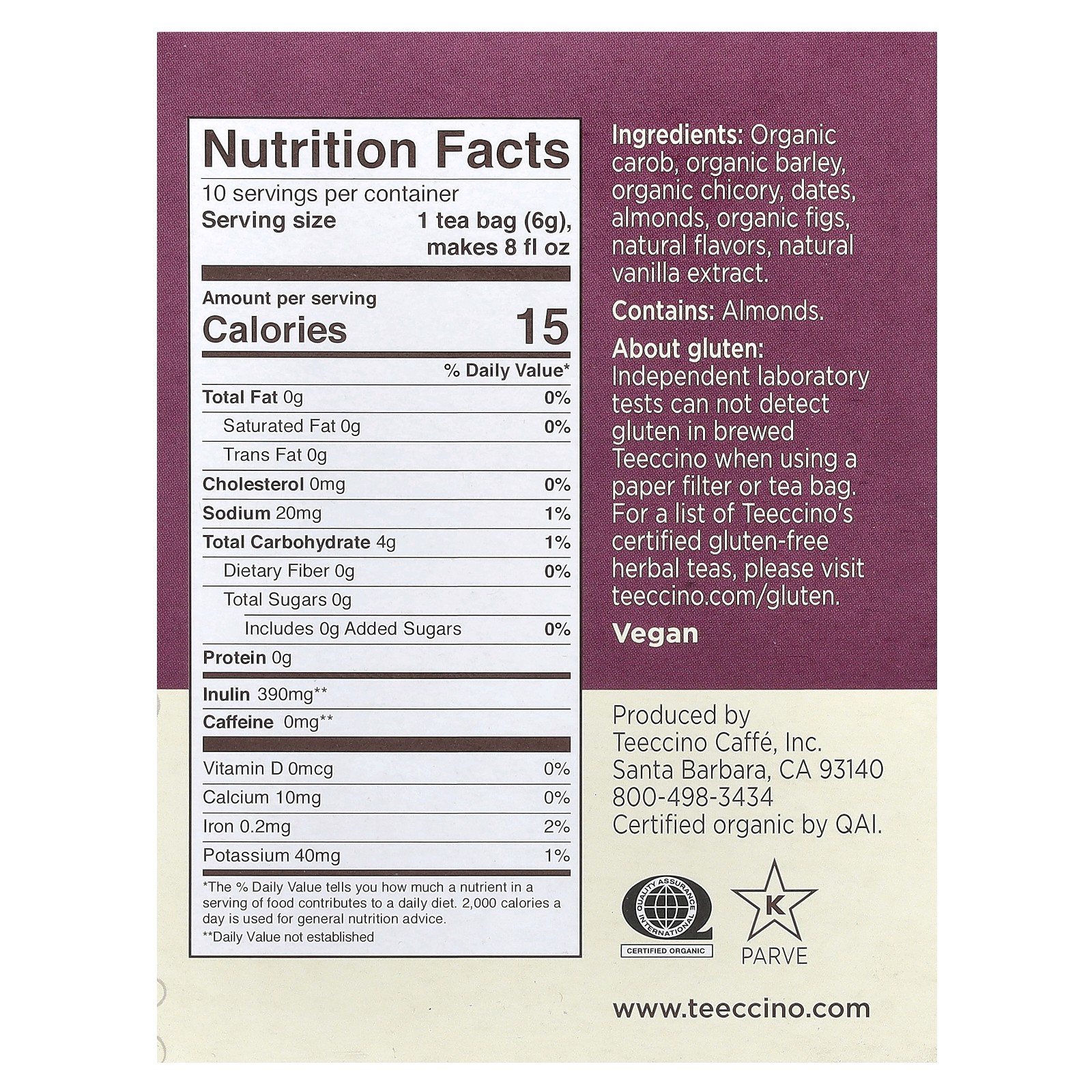 Roasted Herbal Tea, Vanilla Nut, Caffeine Free, 10 Tea Bags, 2.12 oz (60 g) gallery
