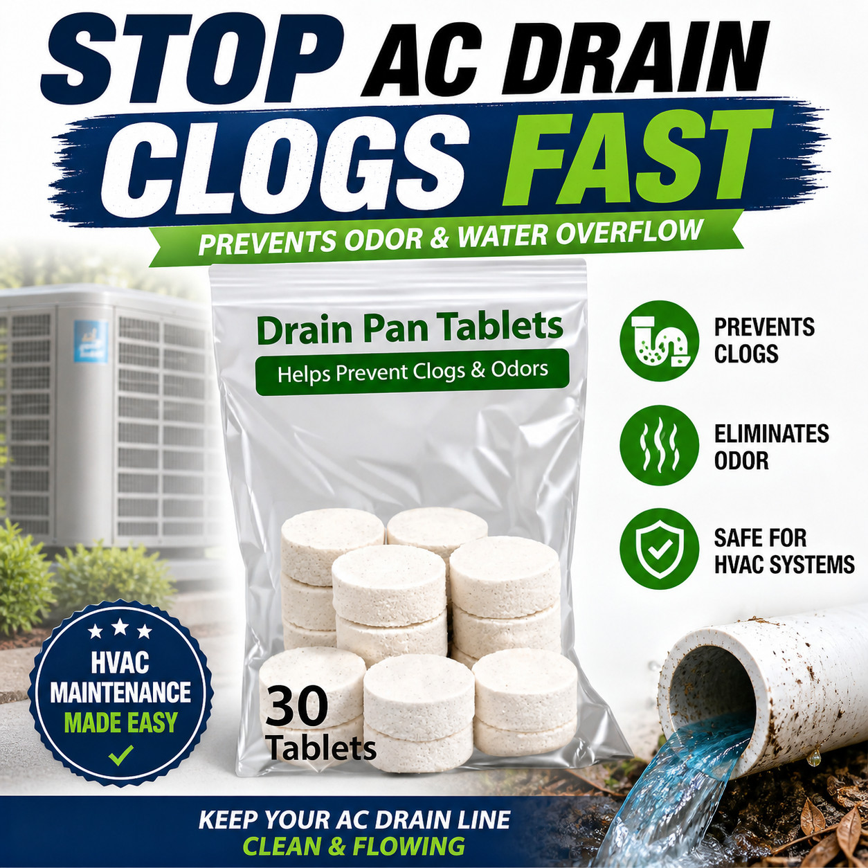 30 AC Drain Pan Tablets HVAC Condensate Line Cleaner Prevent Clogs Odor gallery