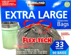 Kirkland Signature Flex-Tech Extra Large Drawstring Bags 33 Gal 90 Bags