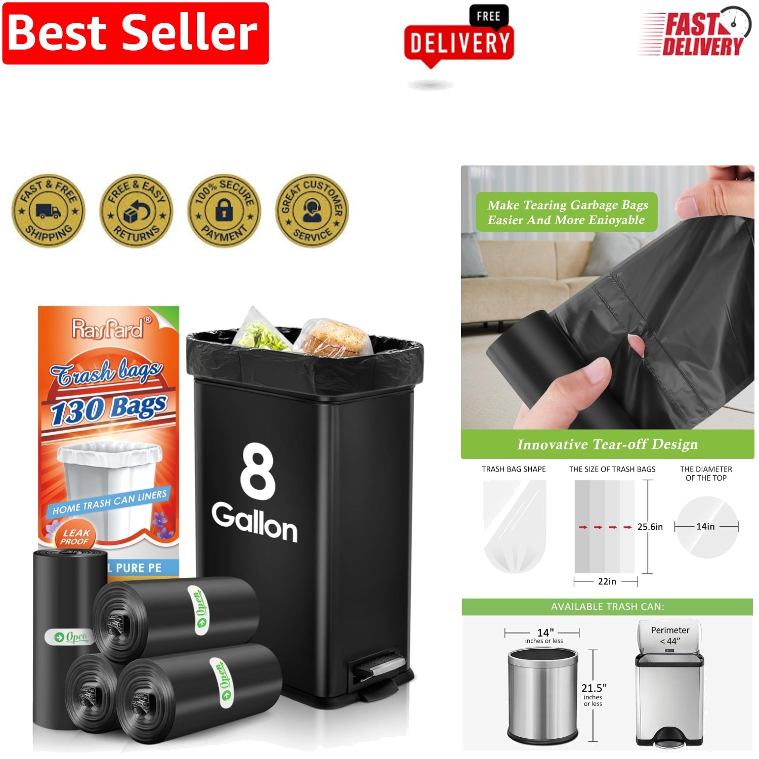 Effortless Waste Disposal: 130 Count 8 Gallon Strong Trash Bags in Black gallery