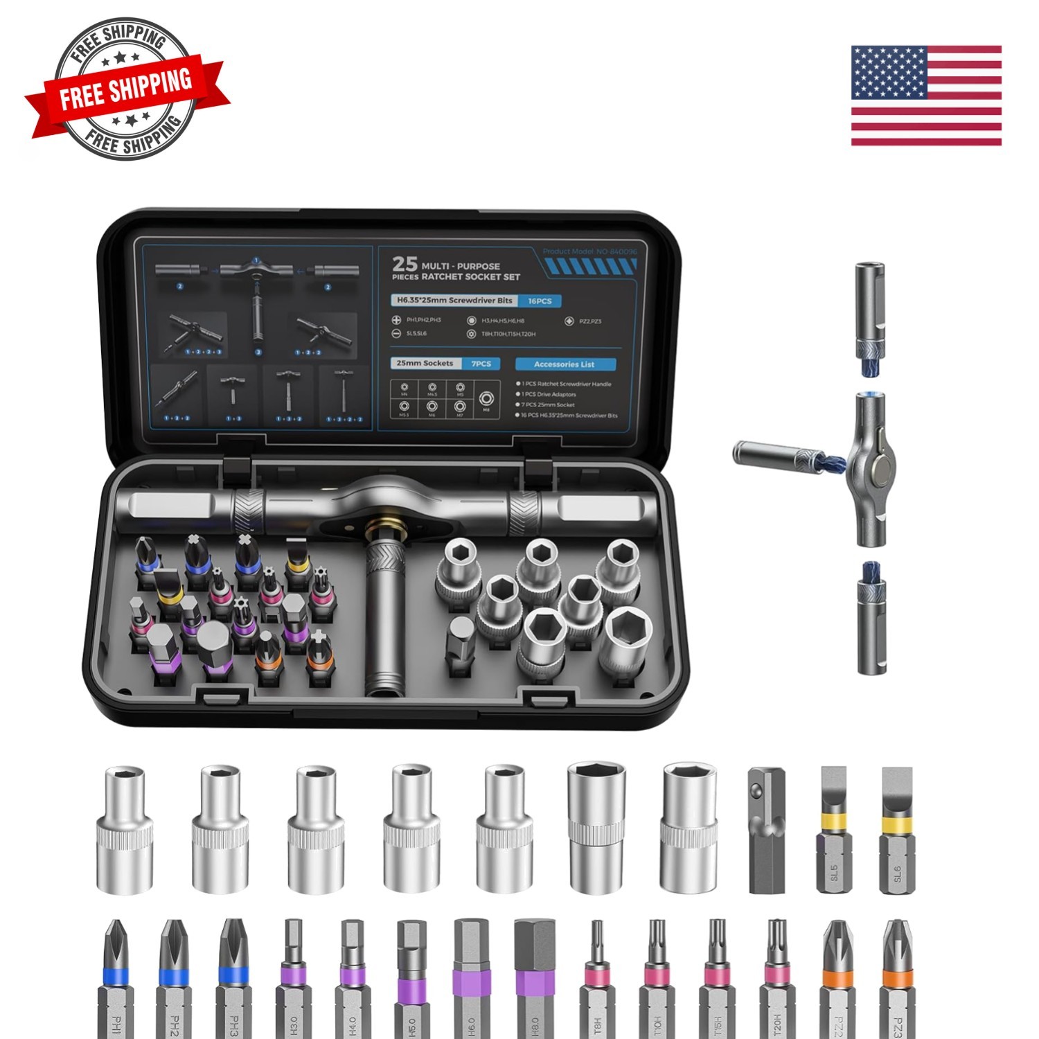25 in 1 Magnetic Ratchet Screwdriver Set, S2 Steel Bits & 7 CR-V Sockets, Fle... gallery