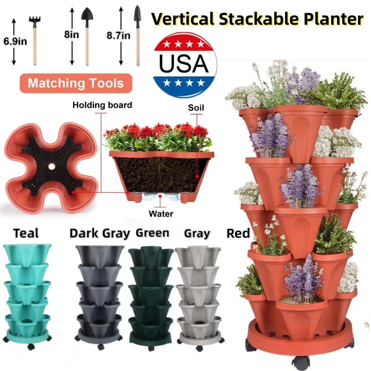 Vertical Planter 3-7 Tier Stackable Planters w/ Wheels & Tools Garden Tower Pot gallery