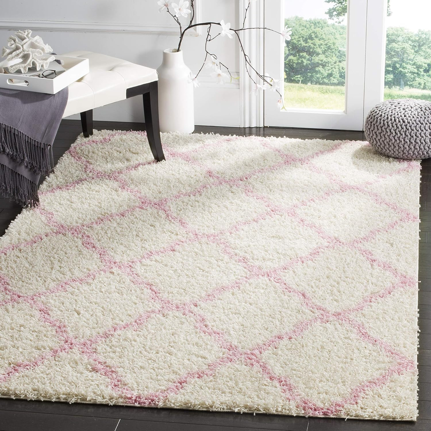Dallas Shag Collection Area Rug - 5'1" X 7'6", Ivory & Light Pink, Trellis Desig gallery