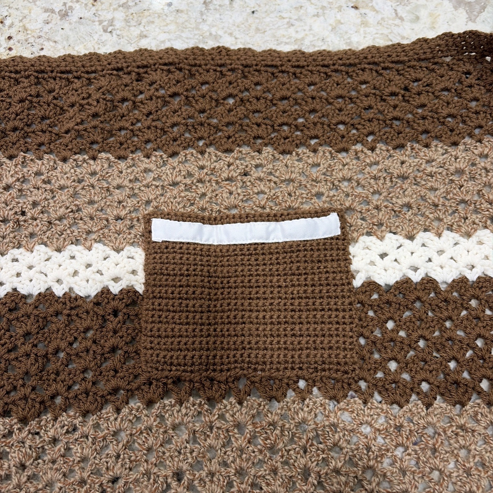 Hand Crouched Throw 46x36 Brown Tones New Unused Handy Pocket For Storage Nice gallery