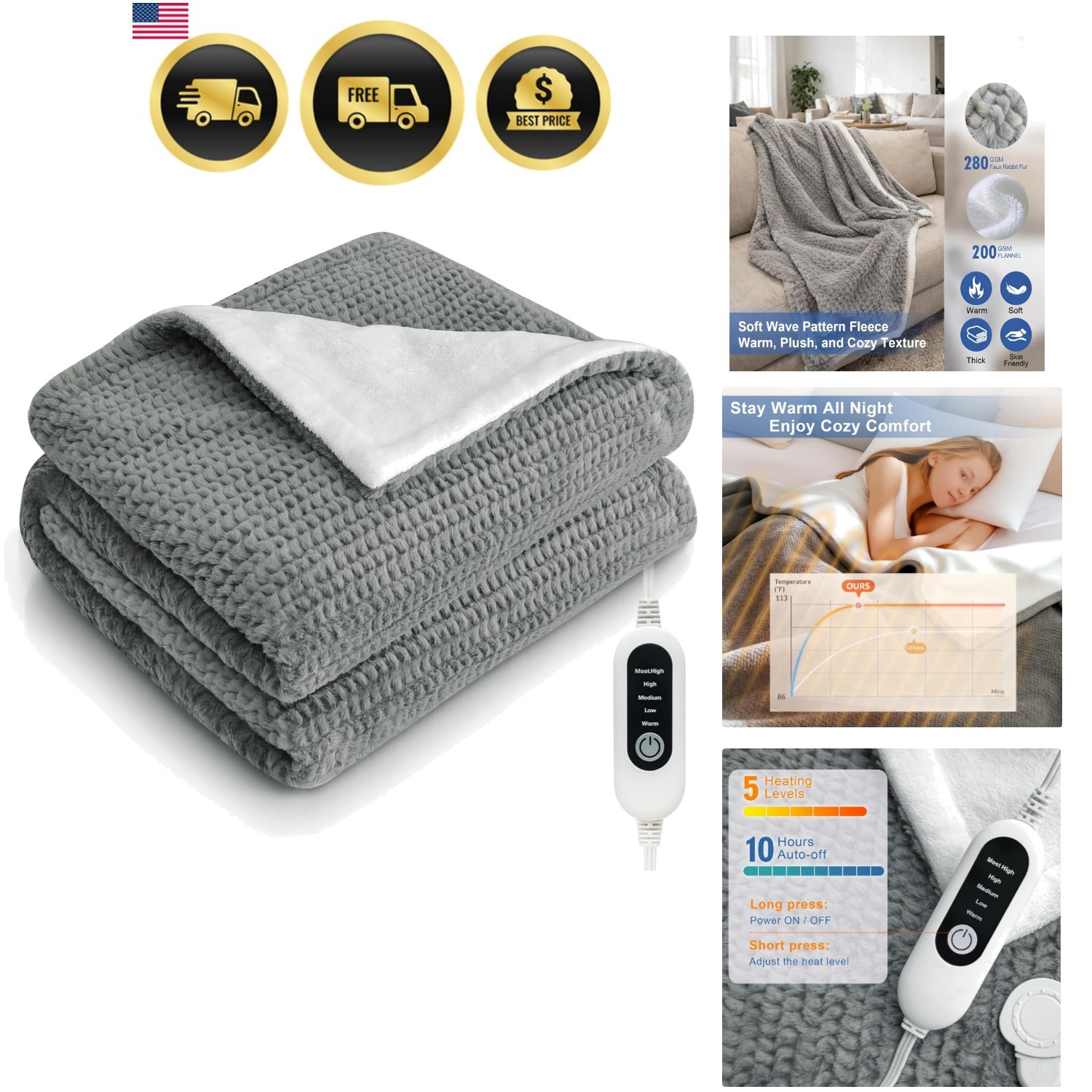 Electric Heated Blanket Throw with 5 Heat Settings 50x60 Soft Flannel Warm gallery