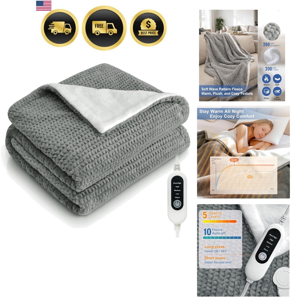 Electric Heated Blanket Throw with 5 Heat Settings 50x60 Soft Flannel Warm