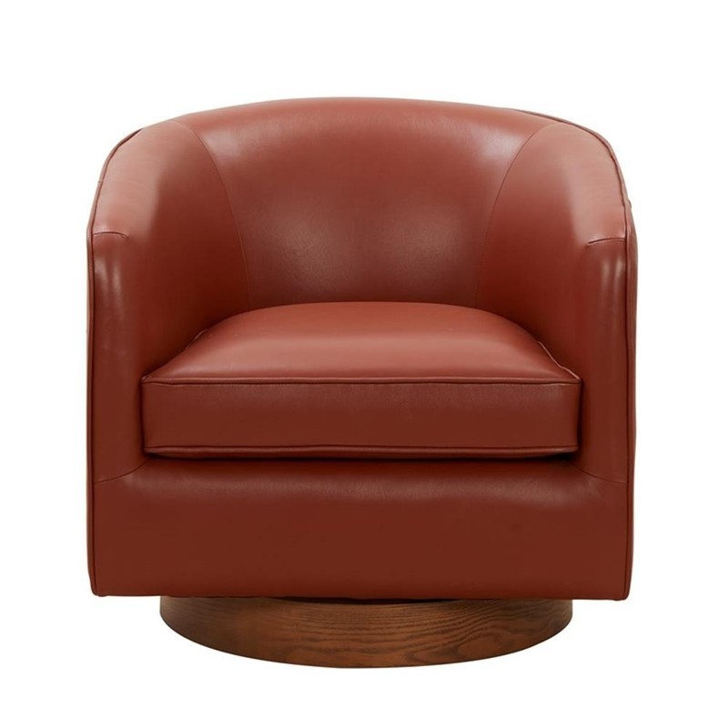 Pemberly Row Caramel Top Grain Leather Wood Base Swivel Barrel Chair gallery