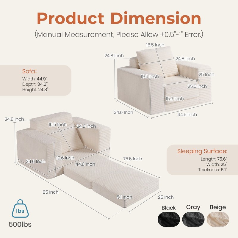 Single Folding Sofa Bed, 75.6" Sleeper, Beige Corduroy gallery
