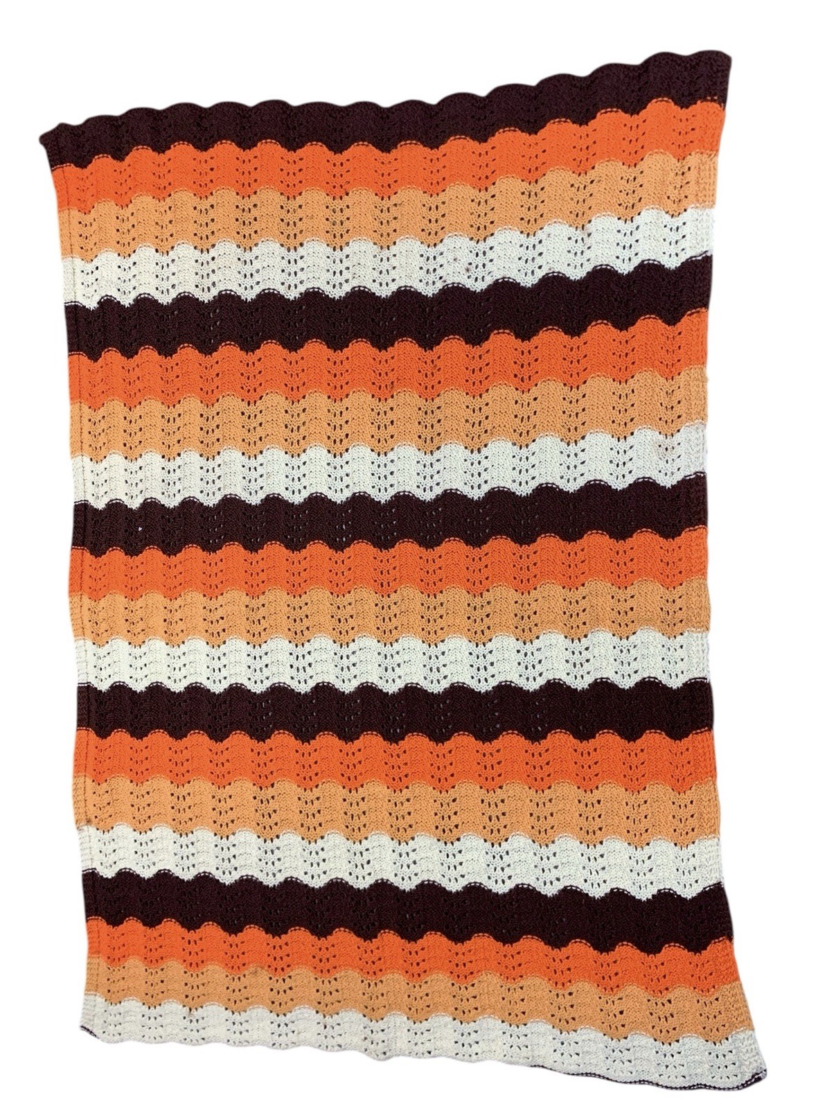 Vintage Crochet Blanket 70’s Chevron Stripe Orange Brown MCM Afghan gallery