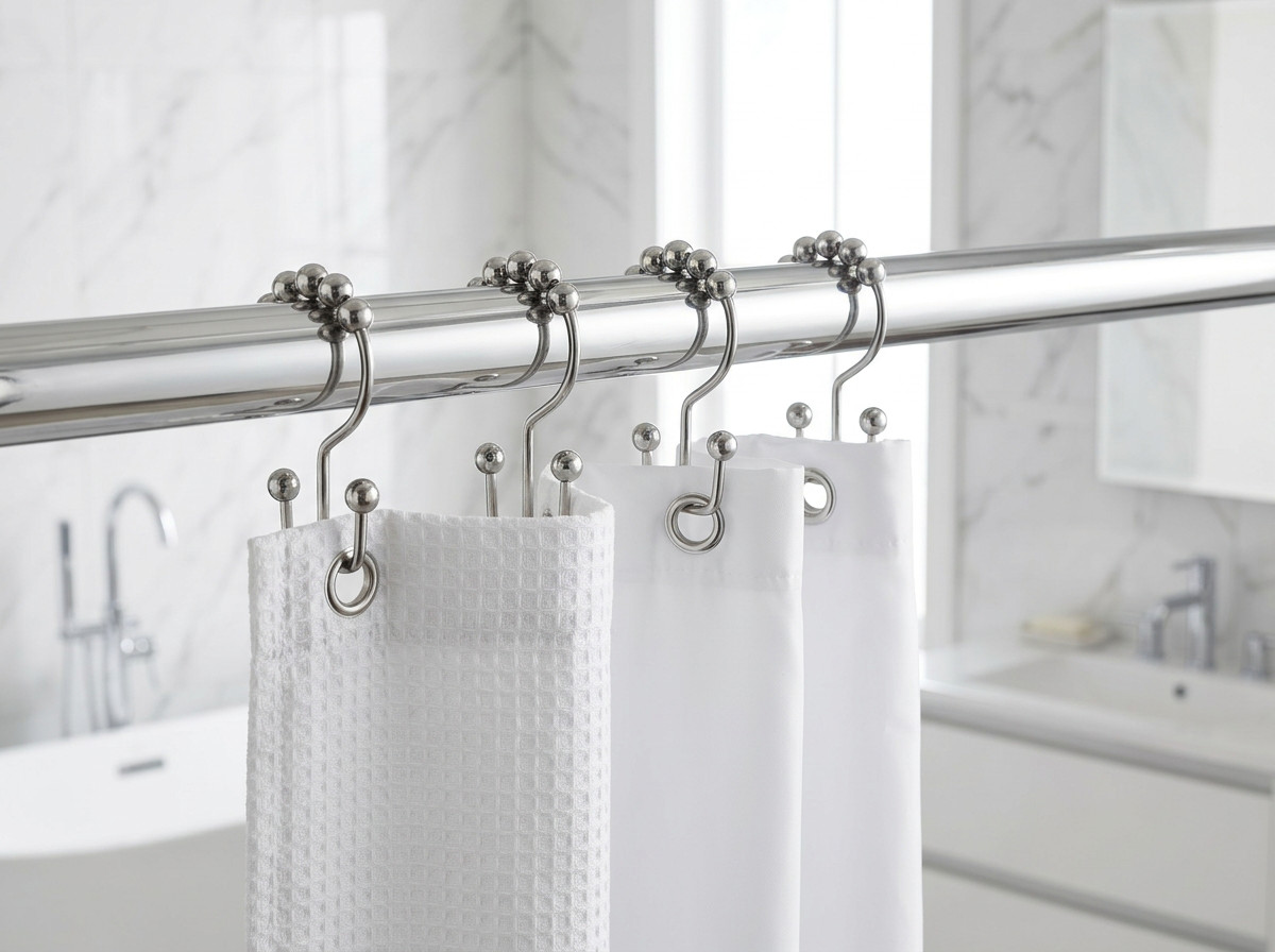 12 Stainless Shower Curtain Hooks Double Hangers for Inner Outer Curtain gallery