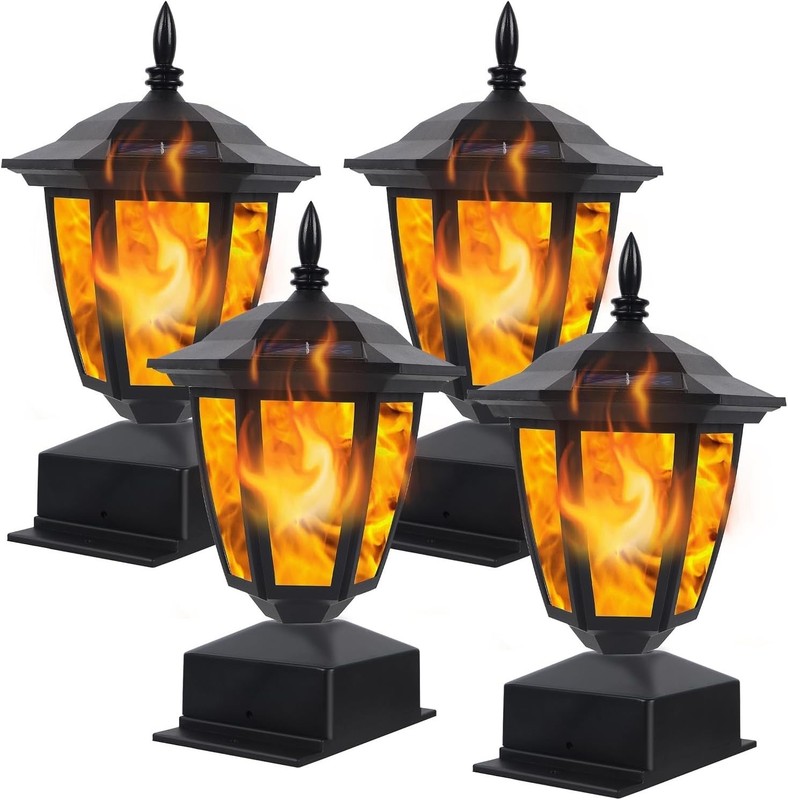 4 Pcs Outdoor Flame Light Solar Post Deck Fence Cap Waterproof Flickering Lights gallery