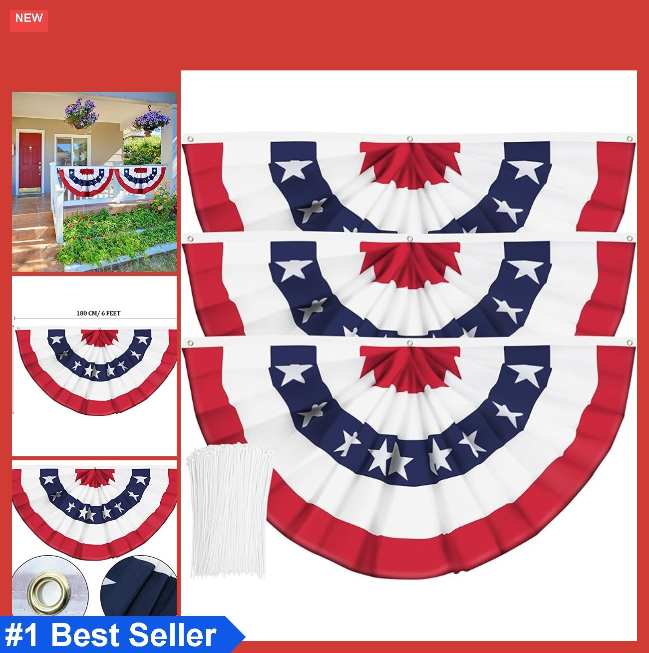 Pleated Fan Banner American Bunting Flag 3x6 Feet Canvas Header Brass Grommets gallery