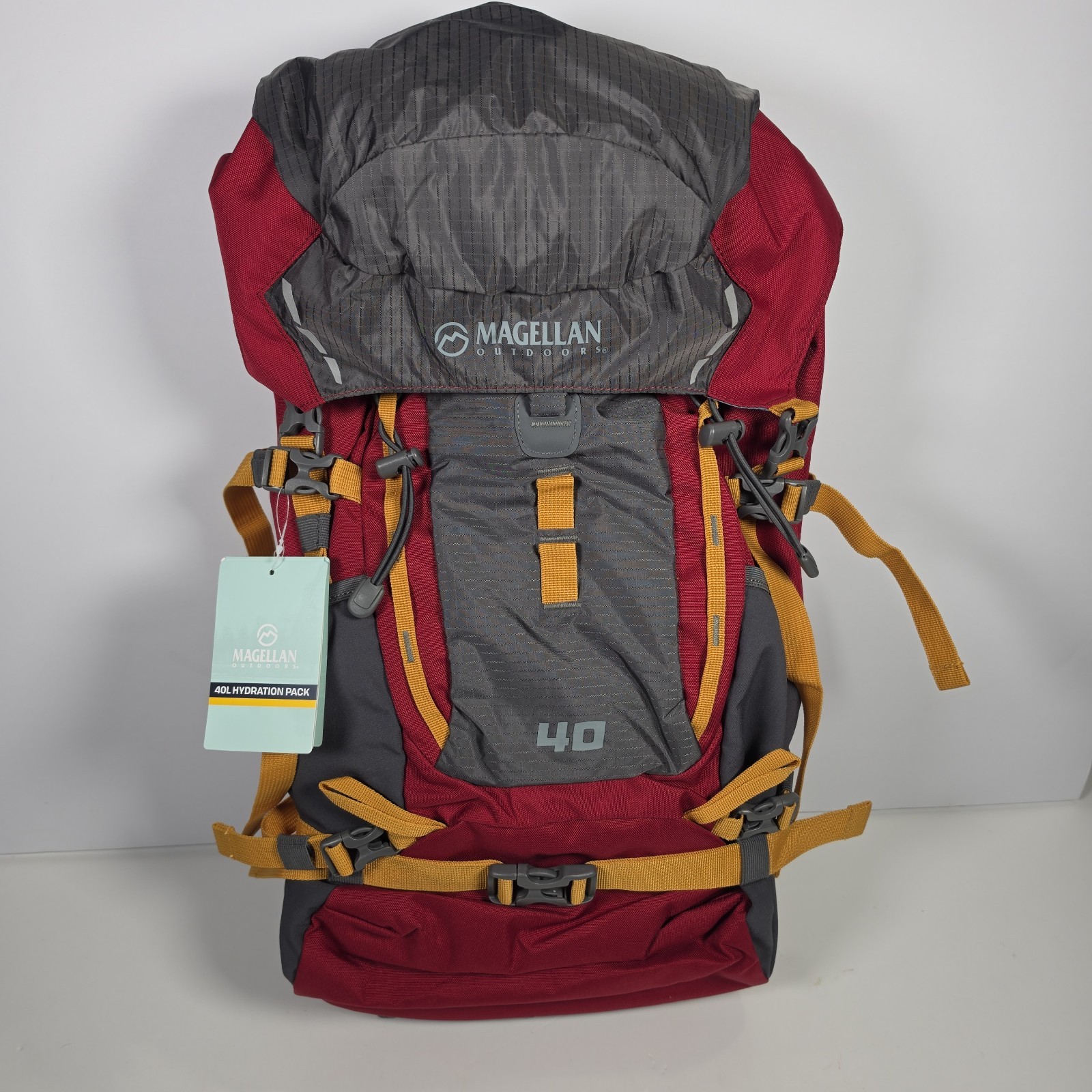 Magellan Outdoors 40L Technical Frame Hiking Backpack Red/Gray Hydration Pack 