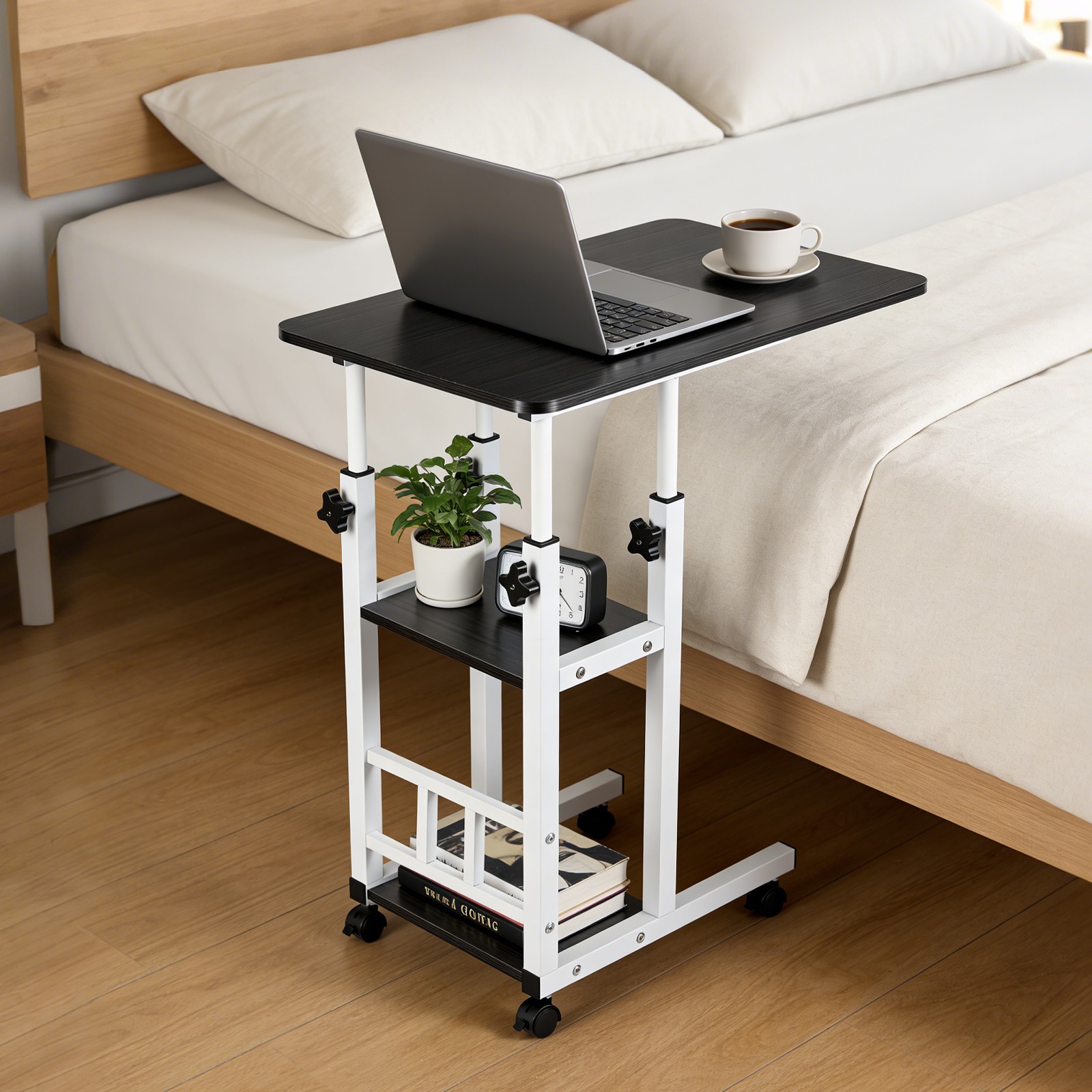 Height Adjustable C Table on Wheels with Storage Shelves Sofa End Table gallery