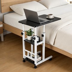 Height Adjustable C Table on Wheels with Storage Shelves Sofa End Table