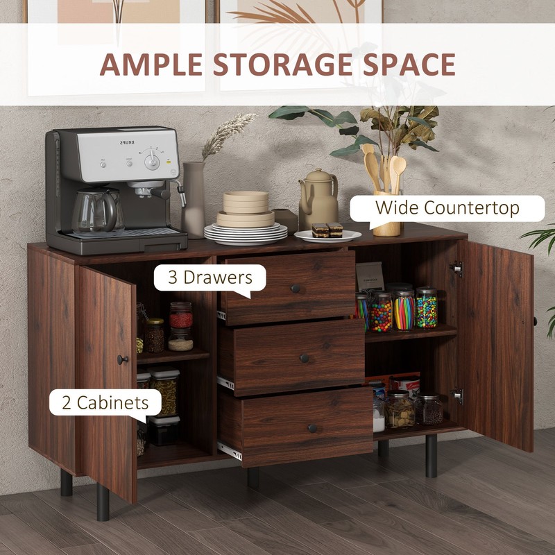 HOMCOM Kitchen Sideboard with 2 Cabinets 3 Drawers Buffet Table, Brown gallery