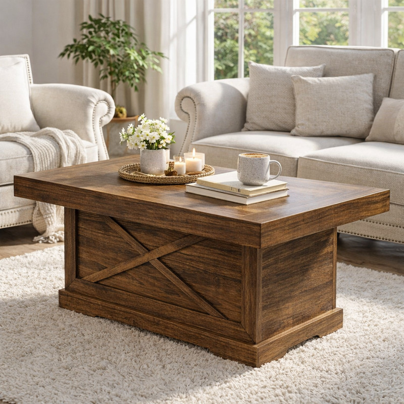 Rustic Square Coffee Table 39.4" Walnut for Living Room and Modern Office gallery