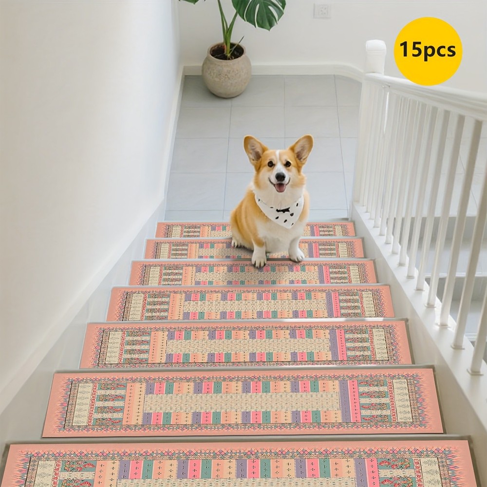 GZN 15pcs Beige-Brown Geometric Pattern Printed Stair Treads, Non-Slip Stair C