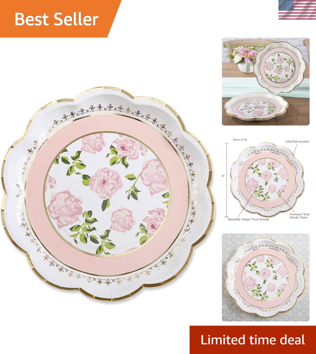 Decorative Pink Floral Plates - 9 Inch, Set of 16 for Special Occasions gallery