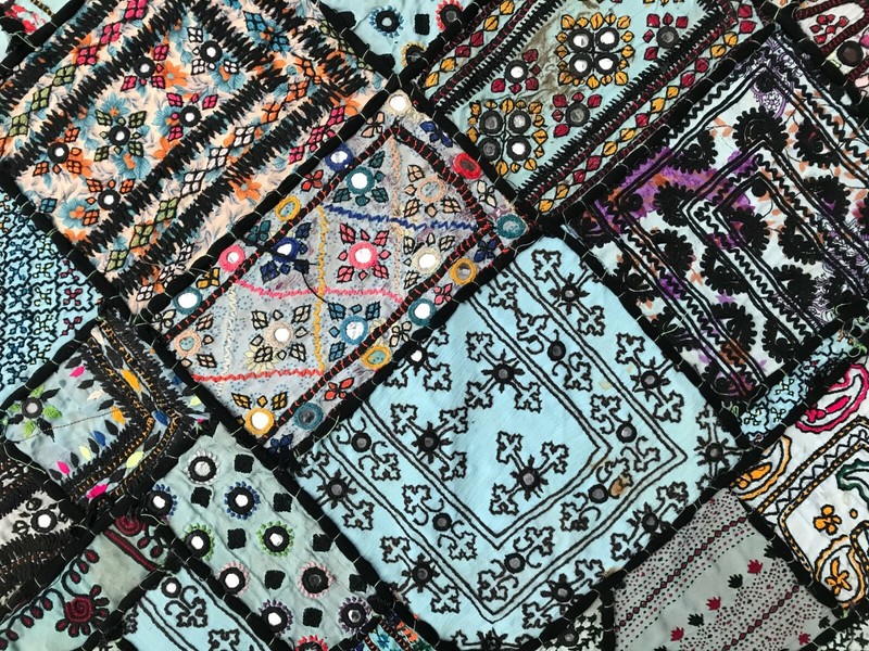 Blue patchwork mirror wall tapestry sindhi india pakistan 26"x54" gallery