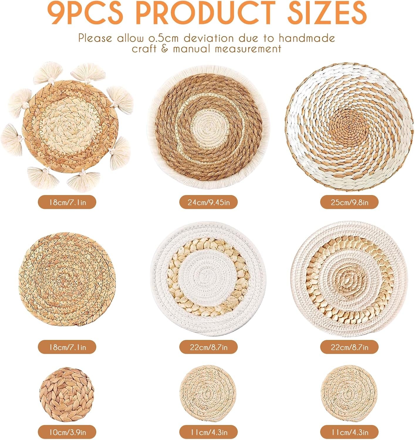 9PCS Boho Wall Baskets Set, Seagrass Rattan Wicker Basket Set, Round Handmade gallery