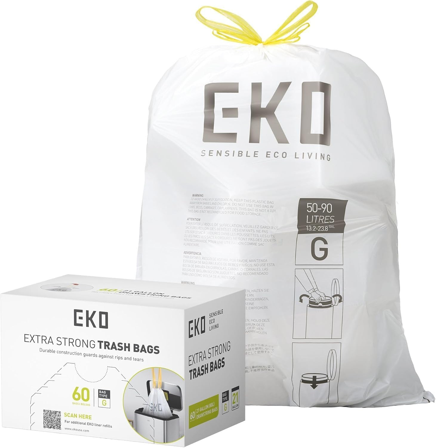 21 Gallon / 50-90 Liter, 60 Count Drawstring Trash Bags, Extra-Strong Unscented gallery