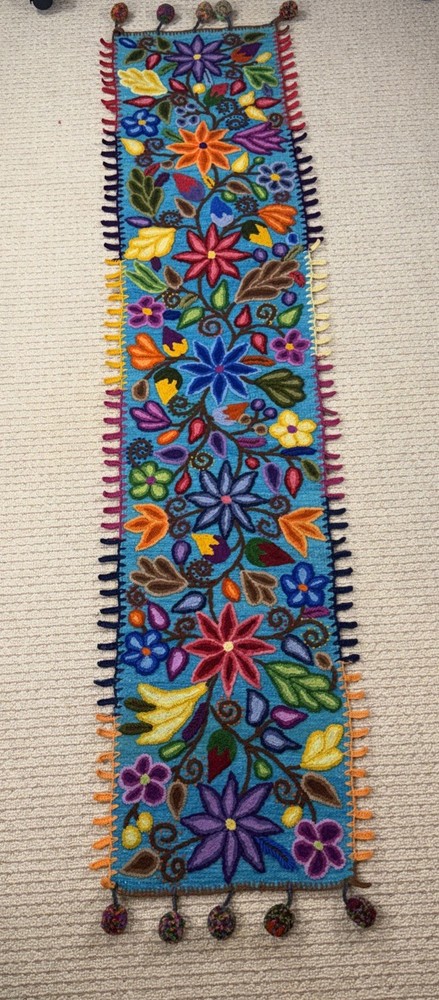 Hand Woven Alpaca Lambs Wool Table Runner 13”x 61”Peru Heavy Embroidery Pom Poms