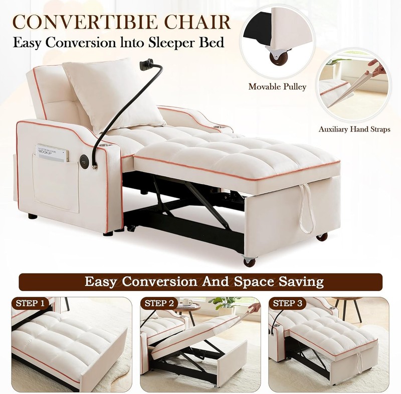 Convertible Sofa Bed 3-in-1 Pull Out Sleeper Chair with Type C & USB Ports gallery