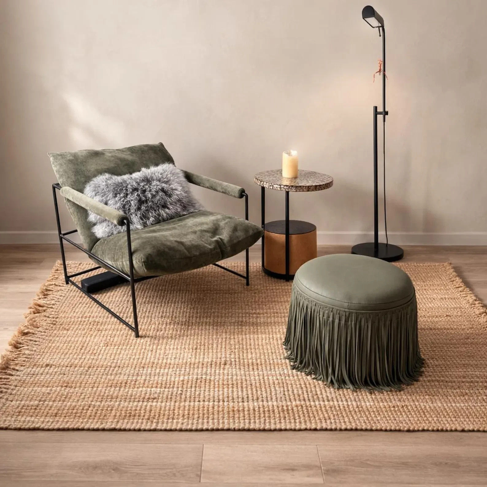 Premium Real Leather Suede Ottoman Pouf with Western Fringe Living Room Hall Roo gallery